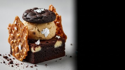 Gourmet chocolate brownie dessert with cookie dough ice cream scoop, chocolate cookie, and caramel brittle shards, sprinkled with edible silver flakes, studio lighting