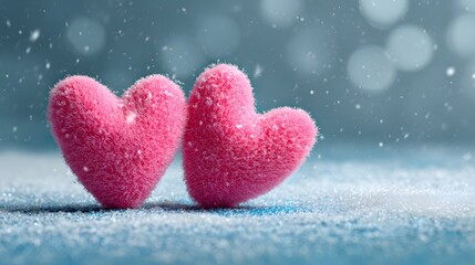 Fototapeta premium Valentine's Day Love Hearts in Snowfall, Romantic Winter Atmosphere