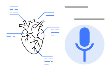 Healthcare, technology, speech analysis, medical innovation, communication, research. Stylized human heart with analytical details and a microphone. Healthcare and technology concept