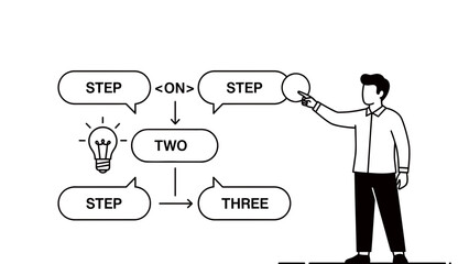 A man pointing to a step in a process flowchart with a lightbulb idea