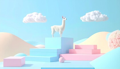White llama stands on blocks in pastel dreamscape, puffy clouds above