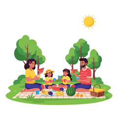 A family of four having a picnic on a blanket in a park with trees and a sunny sky.