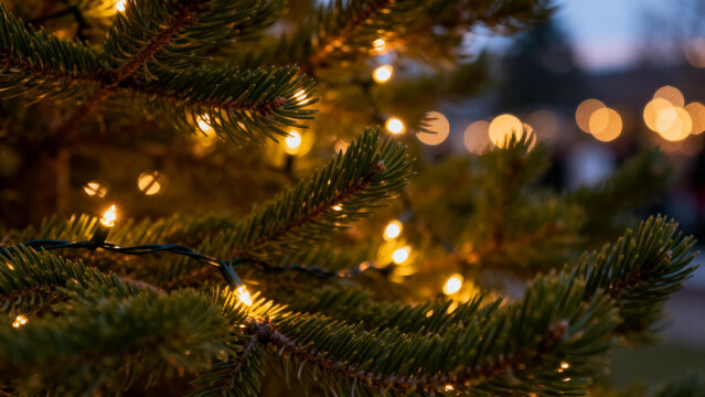 Close-up of a pine tree branch adorned with warm glowing Christmas lights at dusk - Powered by Adobe