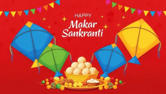 Happy makar sankranti celebration with kites and sweets