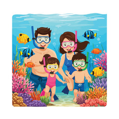 Illustration of a family wearing snorkeling gear exploring underwater with fish and coral in a colorful ocean scene.