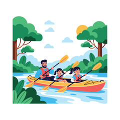 Illustration of a family kayaking together on a serene river surrounded by lush greenery and trees under a sunny sky.