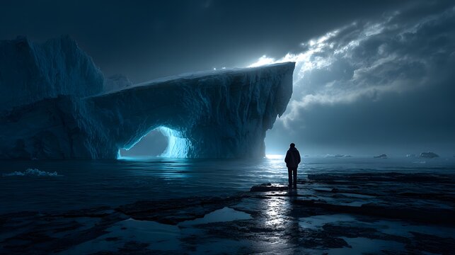Einsame Person vor gewaltigem Eisbogen in surrealer Polarlandschaft
