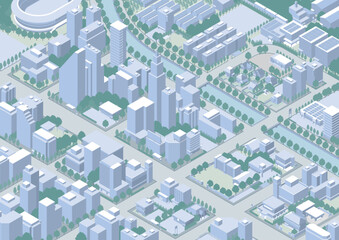 街並みの立体図. 都市の景観. アイソメ図で描いた都市.