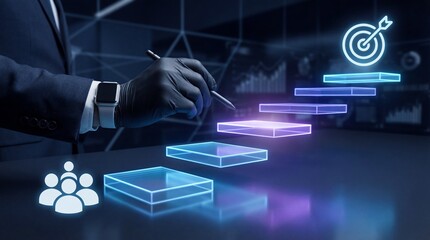 Businessman in modern office analyzing data with glowing digital charts