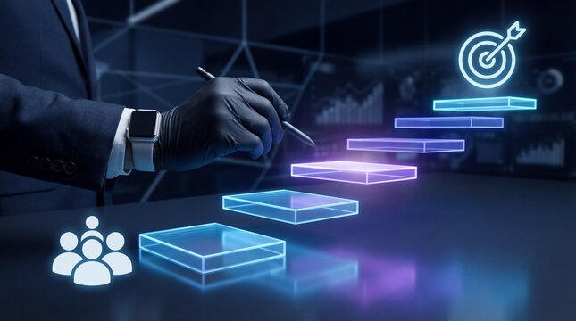 Businessman in modern office analyzing data with glowing digital charts - Powered by Adobe