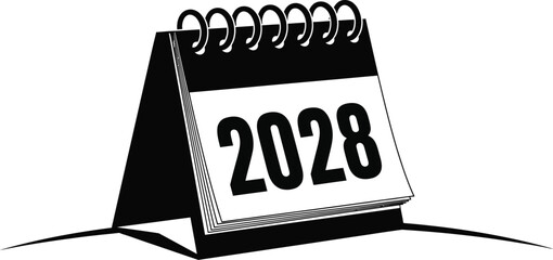 2028 desk planner new year calendar vector. Desk calendar displaying the year 2028 icon silhouette.