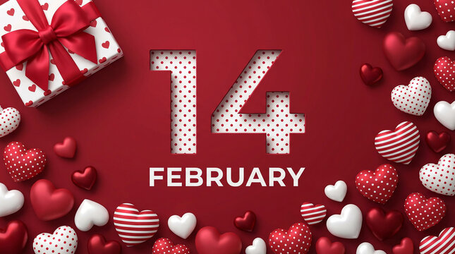 Festive 14 February Valentine's Day background with cut-out text, a gift box, and an abundance of decorative red and white hearts for love and romance