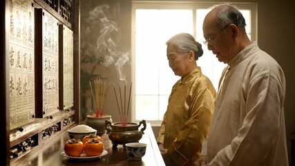 Elderly Asian couple prays with incense during Chinese New Year celebrations