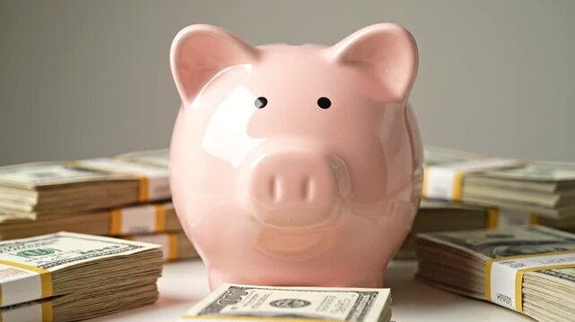 professional cinematic close up shot pink piggy bank surrounded by piles of paper money covering table surface clean savings and wealth concept soft natural studio lighting realistic paper texture cer