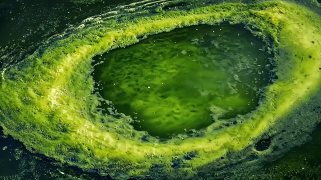 Abstract Swirling Green Algae Bloom in Dark Water Creating Organic Texture Macro Shot with Bubbles and Foam Illuminated by Soft Light
