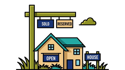 A cartoon house with sold and open signs in front of it.