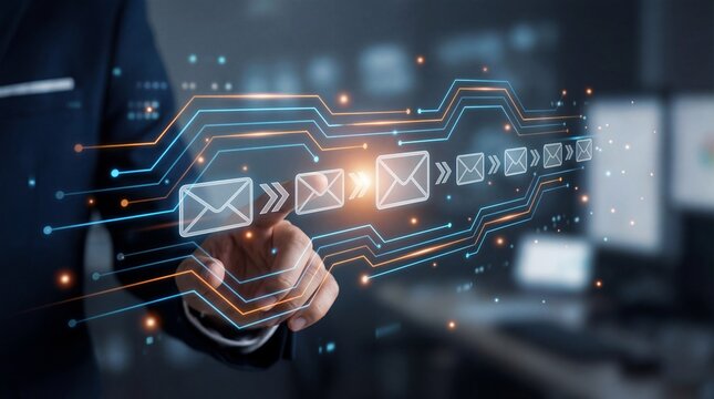 Businessman interacting with futuristic email interface in modern office - Powered by Adobe