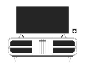 Modern television placed on media console table 2D line object. Entertainment center. TV stand. Contemporary home furniture isolated clipart vector ink outline item. Monochrome spot illustration