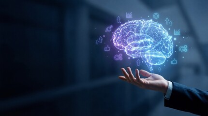 Businessman presenting innovative ideas with glowing brain and digital icons