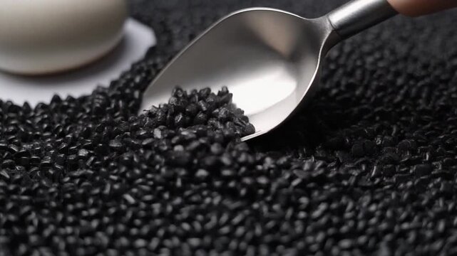 Close up of black cumin seeds being scooped from a pile.
