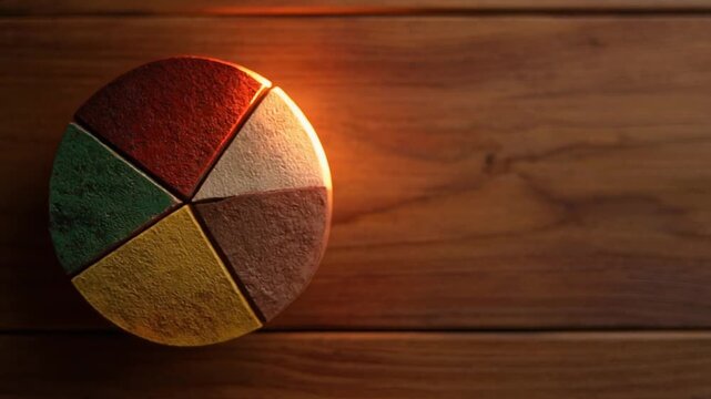 Conceptual Five Segment Pie Chart on Rustic Wood.