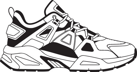 Vector illustration of sport shoes isolated on a white background featuring a digital circuit board pattern and tech line art for a modern engineering concept design