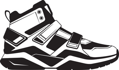 Vector illustration of sport shoes isolated on a white background featuring a digital circuit board pattern and tech line art for a modern engineering concept design
