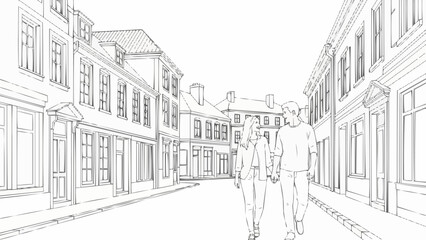 Couple walking hand in hand down a charming European street.