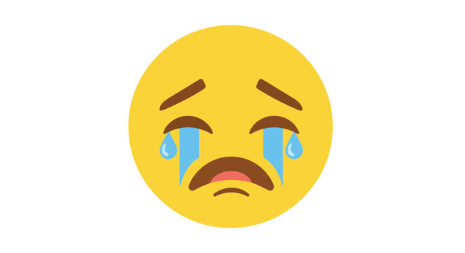 A poignant yellow emoji face conveys profound sadness with prominent blue tears streaming down its cheeks and a deeply downturned mouth expressing