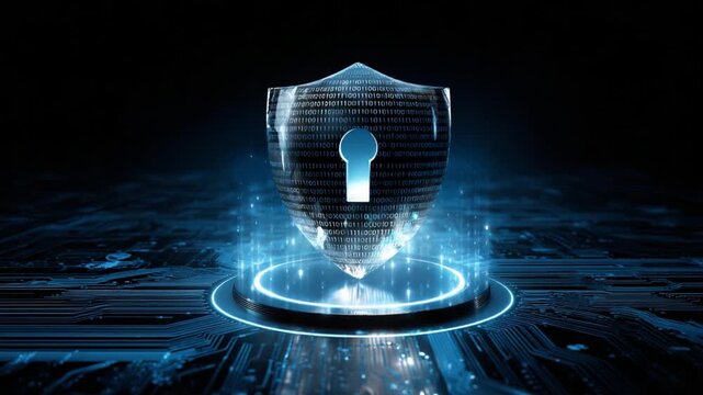 Digital protection background with a glowing cyber shield and central keyhole, surrounded by binary code, holographic locks, and blue neon circuit board patterns