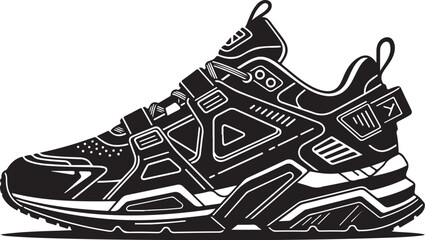 Vector illustration of sport shoes isolated on a white background featuring a digital circuit board pattern and tech line art for a modern engineering concept design