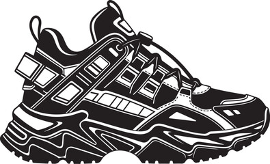 Vector illustration of sport shoes isolated on a white background featuring a digital circuit board pattern and tech line art for a modern engineering concept design