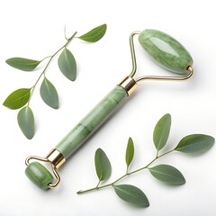 Natural Green Jade Facial Roller with Fresh Leaves on White Background.