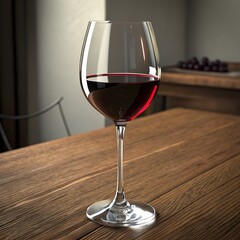 Elegant Glass of Red Wine on Wooden Table in Cozy Restaurant Setting.