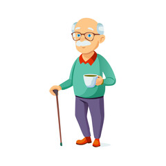 Fototapeta premium Grandfather wearing glasses. An elderly man with a cane in his hands. Vector illustration in cartoon style 