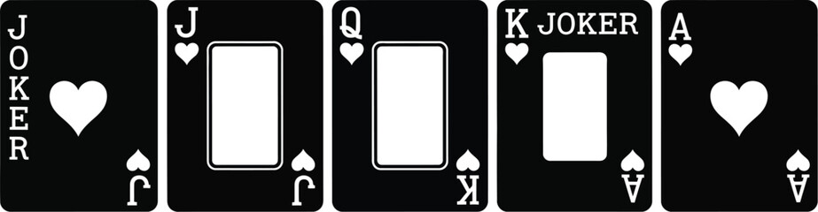 Royal flush set of five playing cards. A Joker, a Jack of hearts, a Queen of hearts, a King of hearts, and an Ace of hearts vector icons. 