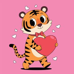 Cartoon Tiger Holding a Red Heart