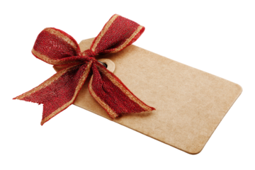 Red and Gold Shimmering Satin Bow Tied on Kraft Paper Tag Against Black Background ribbon