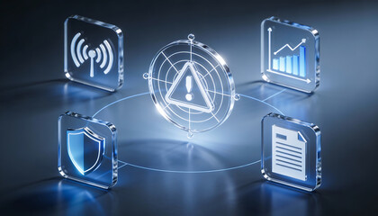 premium 3d digital illustration of a glowing blue cyber security interface featuring a central warning alert radar icon connected to signal shield chart and clipboard icons