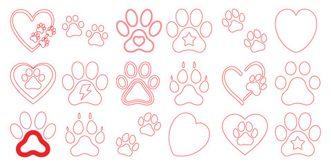 Red outline paw prints and hearts collection