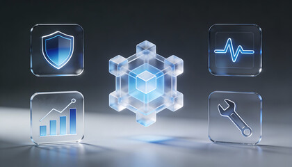premium 3d digital illustration of a glowing blue crystal cube network connected to glass icons for cyber security system monitoring business growth and maintenance optimization