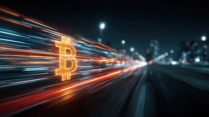 Digital Bitcoin Currency Symbol Fast Speed Concept with Cityscape Backdrop