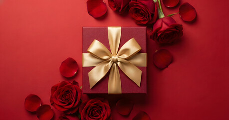 Elegant Gift: An exquisite red gift box, adorned with a luxurious golden bow, rests amidst a scattering of romantic rose and petals on a deep red backdrop. A picture of elegance and love.