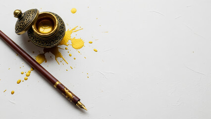 Traditional reed pen and gold ink on white paper with copy space for Ramadan art