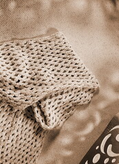 Fabric Knitted Textured Closeup Sepia. Soft Pattern Macro Brown Warm