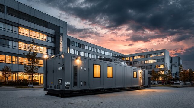 Atmospheric Evening Shot of Industrial Generator Set Outside a Building Facility