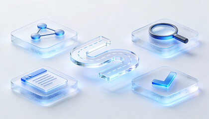 premium 3d digital illustration of a glass winding road path connected to glowing icons for search discovery validation checkmark and data network connectivity representing a roadmap