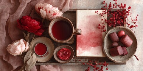 Romantic Flat Lay of Red and Pink Objects with Flowers and Art Materials