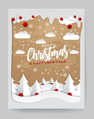 Merry christmas paper cutout winter landscape snowflakes ornaments holiday greeting design template . Christmas card with a kraft paper background, white snowy hills and pine trees in the foreground.