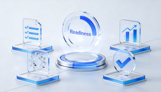 premium 3d digital illustration of a glass readiness dashboard featuring a glowing progress ring with icons for checkmark checklist gear and growth chart for business evaluation